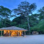 A chalet at Rubondo Island Camp lit up at dusk